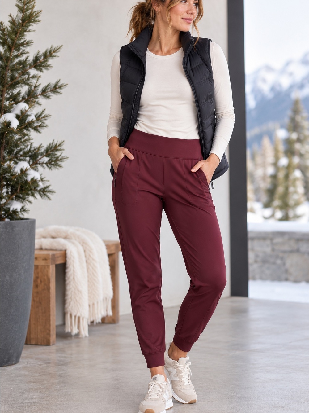 Athleta Rainier Jogger Women’s Small Tall Burgundy Fleece Lined Pants 488459